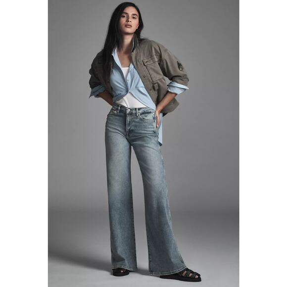 New Anthropologie x 7 For All Mankind Lotta Mid-Rise Wide-Leg Jeans Sz 29 Denim - Picture 1 of 7